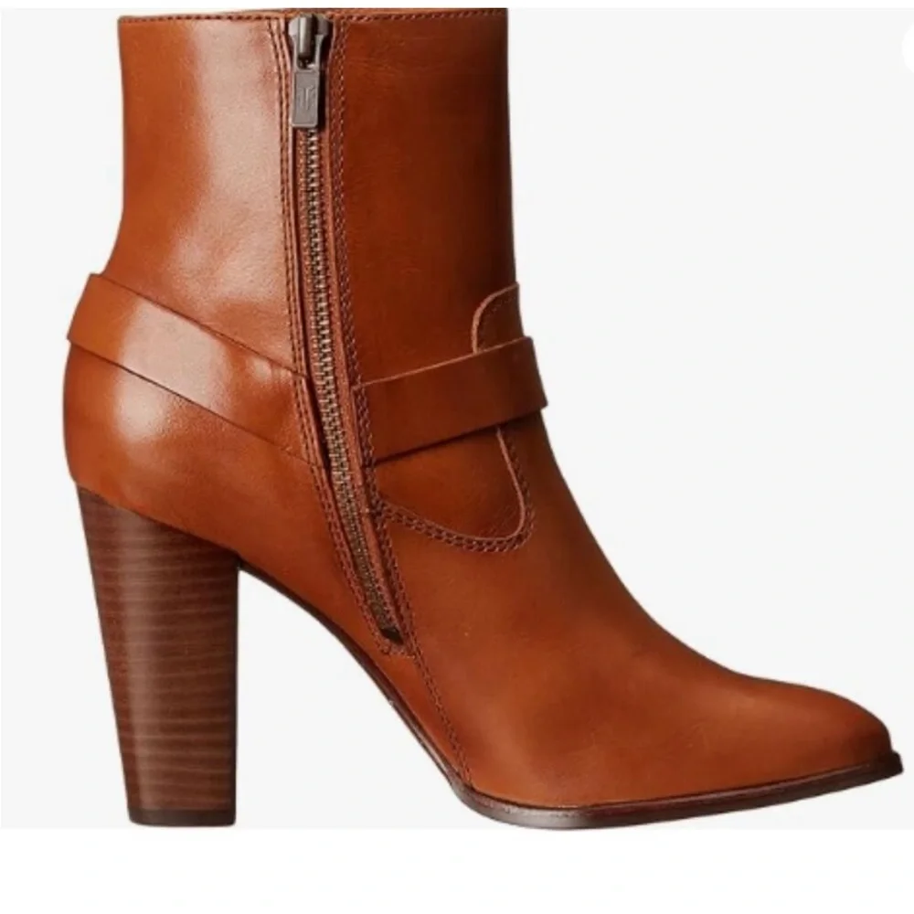 Frye Laurie Harness Leather Zippered Boots Sz 7.5 High Heel Bootie‎ Fall Cowgirl